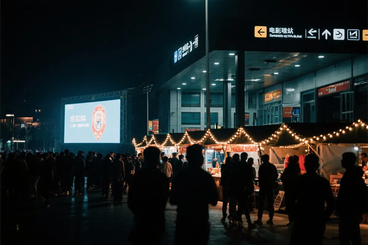 费城球迷广场夜景：大屏观赛人群、步行指示牌与公共交通入口